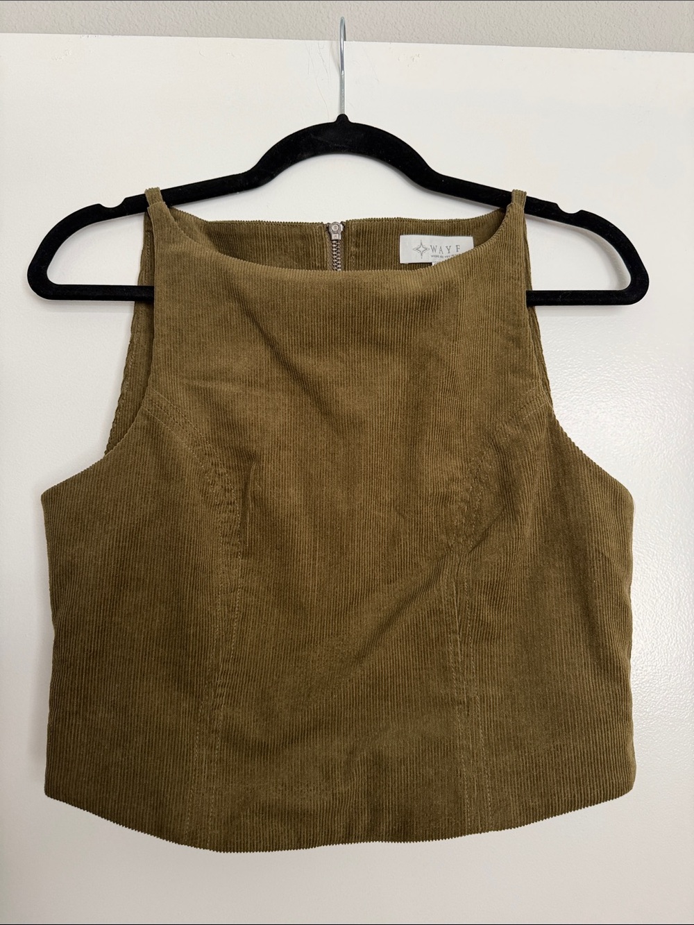 Wayf Olive Green Corduroy Cropped Cami Top Back Zip Sleeveless